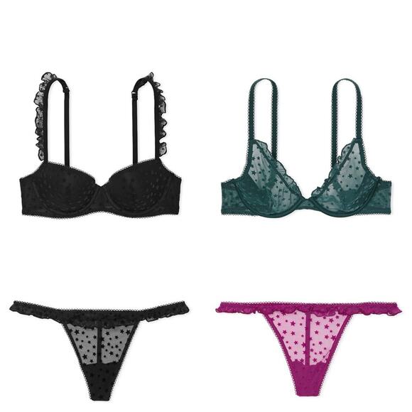 4 pc set Victoria Secret Pink Star Chaser Ruffle Underwire Bras Thong Sets